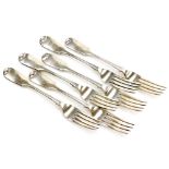 A set of six Victorian silver Fiddle pattern dessert forks, each with engraved C initial to handle,