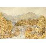 19thC School. A view of Stirling Old Bridge, depicting horse and cart and mountains to background, w