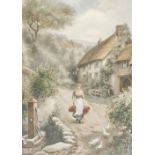 After H S Percy. Figure of a lady carrying water jugs before thatched cottages, print, 40cm x 30cm.