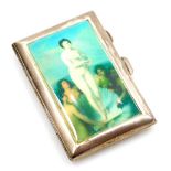 A George V silver cigarette case, the front inset with a later print of the goddess Venus standing n