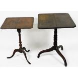 A late George III oak tilt top occasional table, with a rectangular top, raised on ring turned colum