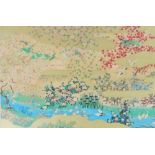 A 20thC Japanese colour landscape print, depicting cranes, peacocks, peonies, blossom and other flor