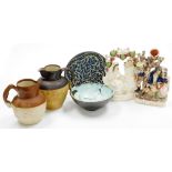 A group of ceramics, including a studio pottery bowl, Staffordshire flat back figure of two ladies u