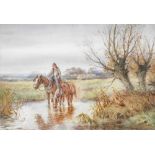 Henry John Sylvester Stannard RBA FRSA (British, 1870-1951). Two horses being led through a brook, i