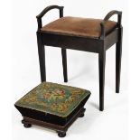 A Victorian mahogany footstool, with floral wool work tapestry seat, raised on bun feet, together wi