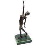 An Art Deco style bronze figure of a nude woman, in striking pose, raised on a faux green marble bas