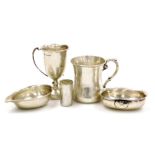 A group of small silver and white metal, to include a George V small cup, of hourglass form with scr