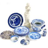 A group of 19thC blue and white pottery, including a Mason's ironstone twin handled pot, Aesthetic t