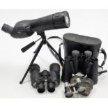 A pair of Vivitar binoculars, an Optus 60 x 60 spotting scope etc.
