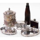 Plated wares, including a Victorian Adam style biscuit barrel embossed with semi fluting laurel swag