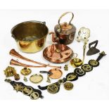 A group of copper and brass ware, to include large copper kettle, 32cm high, brass jam pan, 39cm dia