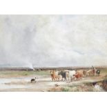 J McArthur (early 20thC School). Rural scene with cattle, figure and dog, watercolour, signed and in