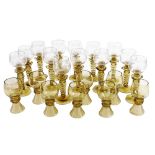 A set of eight German pale green hock glasses, together with thirteen wine glasses, engraved with vi