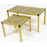 A mid century Danish brass and tile inset coffee table, of rectangular section, the top inset with e