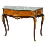 A Louis XV style mahogany and kingwood serpentine console table, with a green marble top, single fri