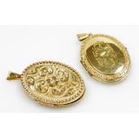 Two 9ct gold oval photo lockets, each with engraved decoration, from a link suspension, 12.4g all in