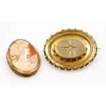 A 9ct gold and shell cameo brooch, bust portrait of a lady, with safety chain as fitted, together wi