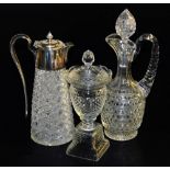 A Victorian cut glass claret jug, with stopper, 32cm high, further cut glass claret jug, with silver
