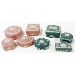 Wedgwood sage green and pink Jasper ware dressing table boxes and covers, each of classical decorati