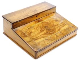 A Victorian olive wood and inlaid writing slope, the hinged top opening to reveal a fitted interior,