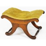 A Victorian mahogany X frame stool, with yellow button upholstered Draylon, 68cm wide.