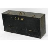 A Victorian ebonised carpenter's tool chest, the hinged front painted with initials CTW, opening to