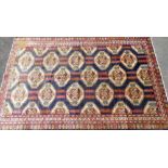 A Causasian rug, on blue ground with all over design, 260cm x 170cm.