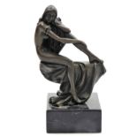 Milo. A bronze figure of naked woman, model seated in contemplation, raised on a black marble base,