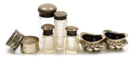 A group of small silver, to include a pair of Edward VII open salts, decorated with leaves, swags, e