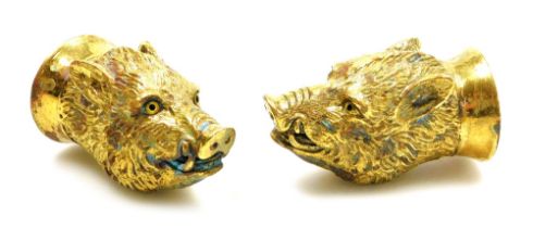 A pair of gold plated Wild Boar salt and pepper shakers, stamped 18ct gold plate, 6cm high.