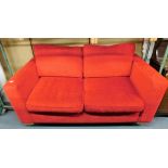 A red fabric two seater sofa, 189cm wide.