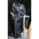 A Donnay golf bag, containing various golf clubs and a Donnay golf buggy.