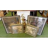 Various pictures, prints, etc., comprising two Oriental landscapes on silk with faux bamboo frames,
