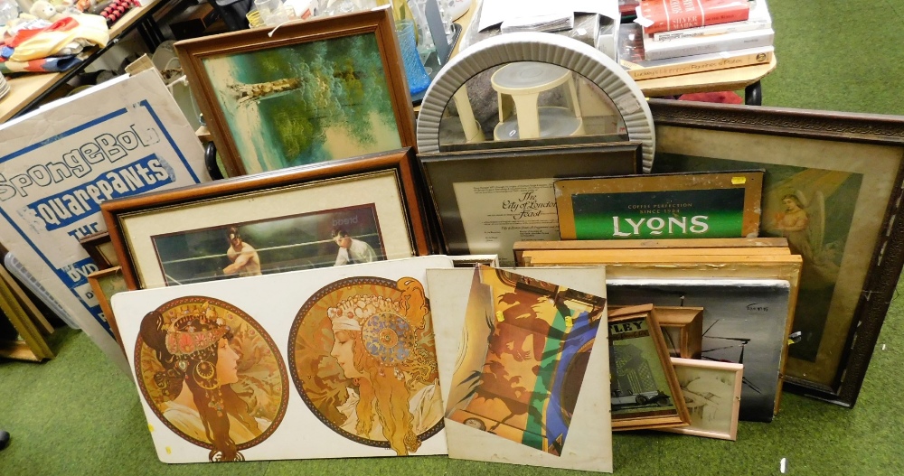A group of pictures, prints, etc., to include a Lyons advertising print, boxing print, etc. (a quant