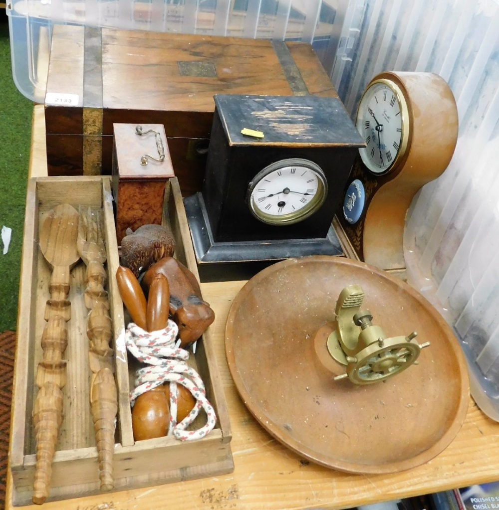 A 19thC writing box, 40cm wide (AF), a Comitti of London balloon shaped mantel clock, 26cm high, nov