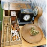 A 19thC writing box, 40cm wide (AF), a Comitti of London balloon shaped mantel clock, 26cm high, nov