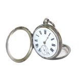 A silver half hunter pocket watch, with white enamel Roman numeric dial seconds counter, key wind,