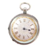 A Victorian silver fob watch, with silvered coloured dial with a gold scroll outer border, a Roman