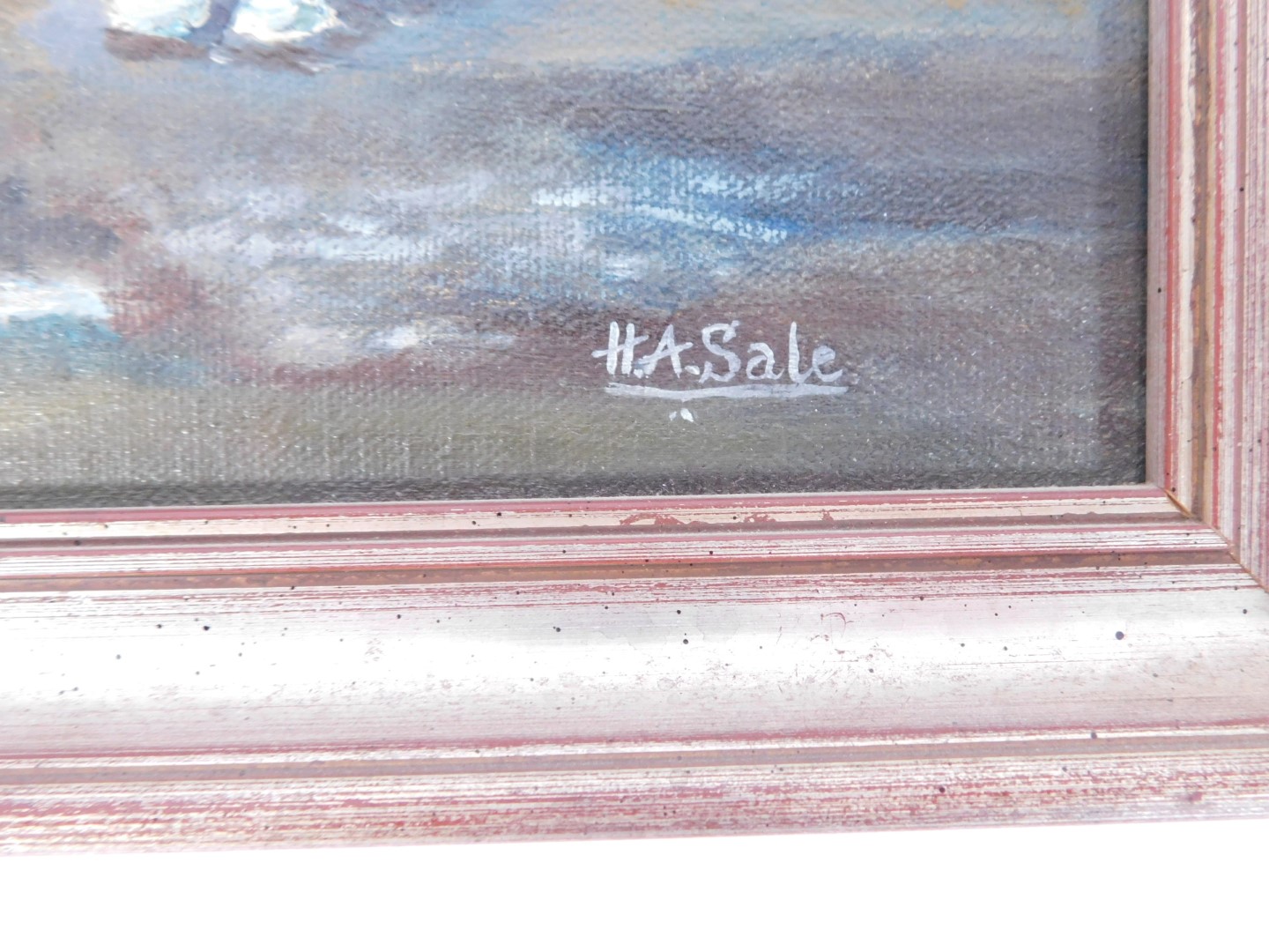 H A Sale (20thC School). Boat moored, oil on canvas, signed, 24cm x 43cm, and a shipping print, 17cm - Image 3 of 4