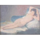 After Goya. Print, of nude lady, reclined on sofa, 40cm x 29cm, framed.