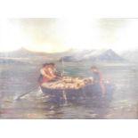 M B (19thC School). Three figures and sheep in rowing boat, mountains in foreground, oil on