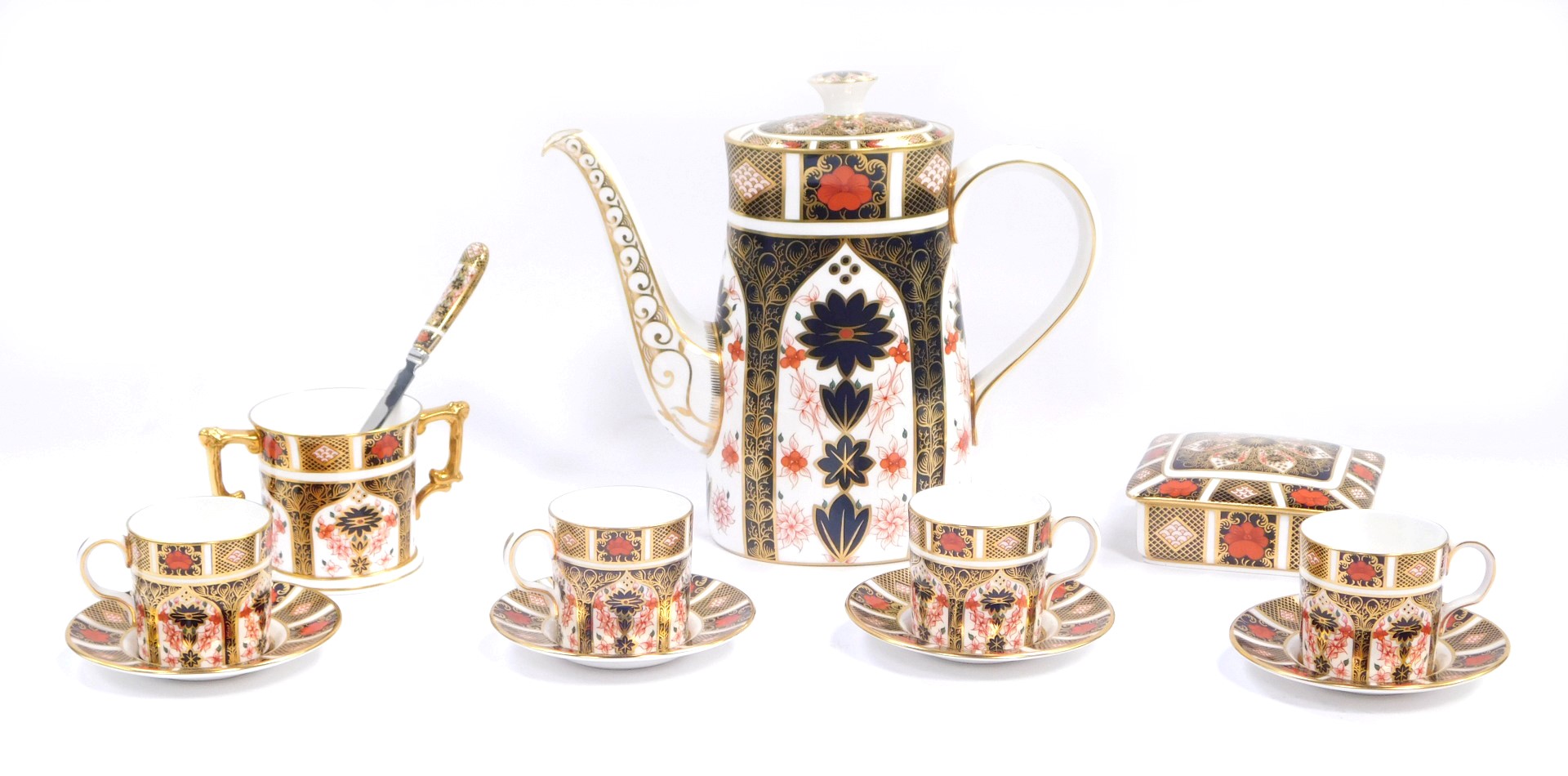 A group of Royal Crown Derby porcelain Imari wares, pattern no. 1128, printed marks, comprising