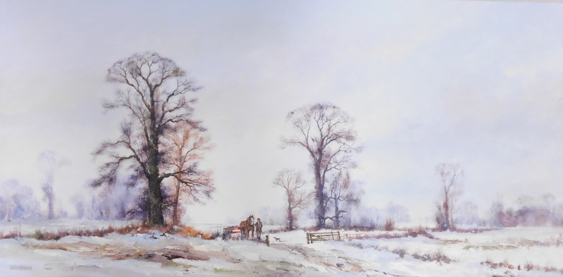 Alwyn Crawshaw (20thC School). The Peace of Winter, oil on canvas, 50cm x 100cm, in gilt frame. (AF)