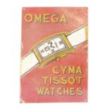 A tin painted advertising sign, marked Omega Cyma Tesso Watches, on a red ground with white and