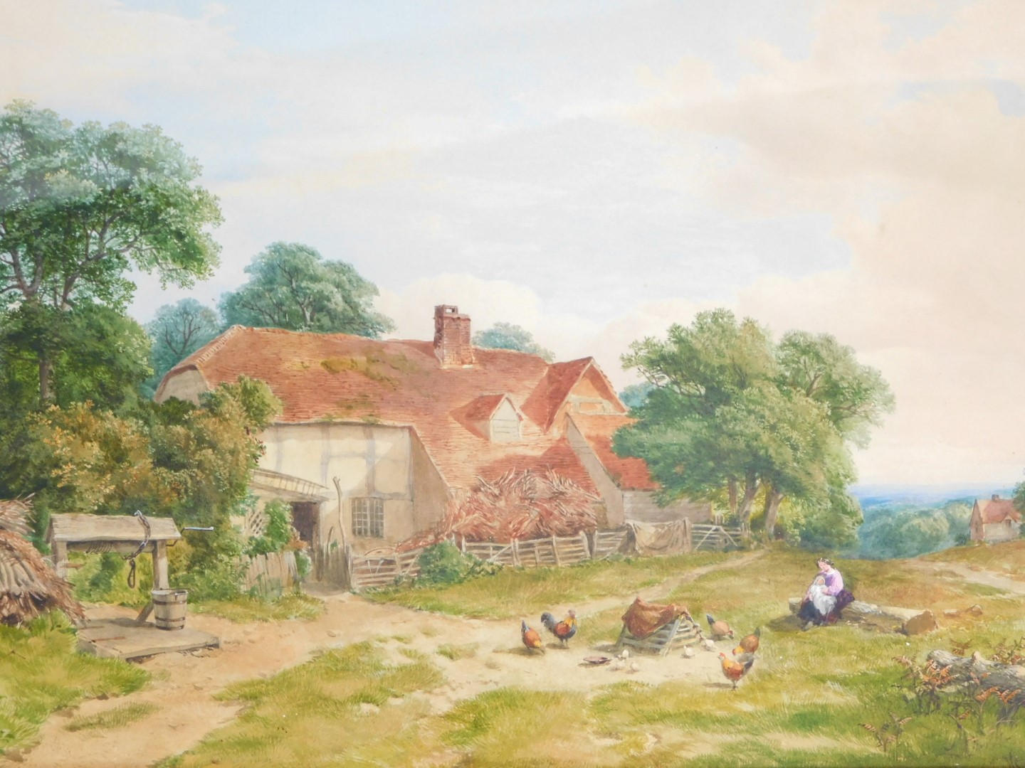 Henry Justum (1816-1869). Farmyard with mother and child and cockerels, signed and dated 1862,