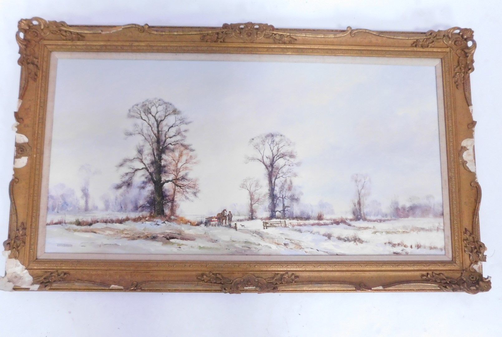 Alwyn Crawshaw (20thC School). The Peace of Winter, oil on canvas, 50cm x 100cm, in gilt frame. (AF) - Image 2 of 3