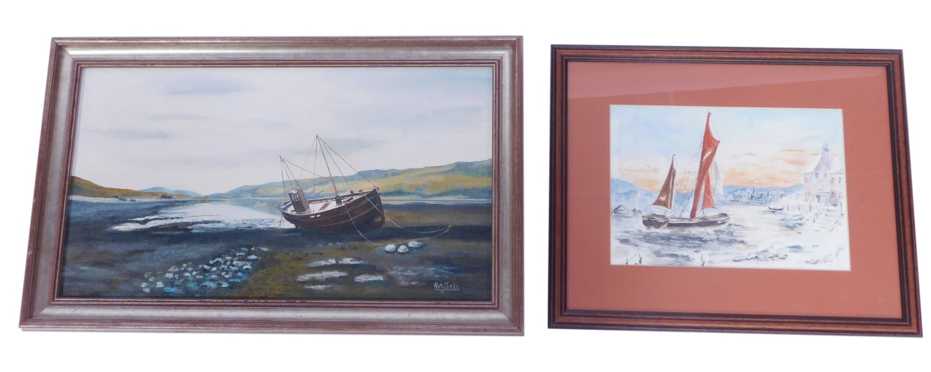 H A Sale (20thC School). Boat moored, oil on canvas, signed, 24cm x 43cm, and a shipping print, 17cm