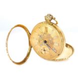 A 19thC 18ct gold pocket watch, the dial with raised numerals centred by flowers and leaves in