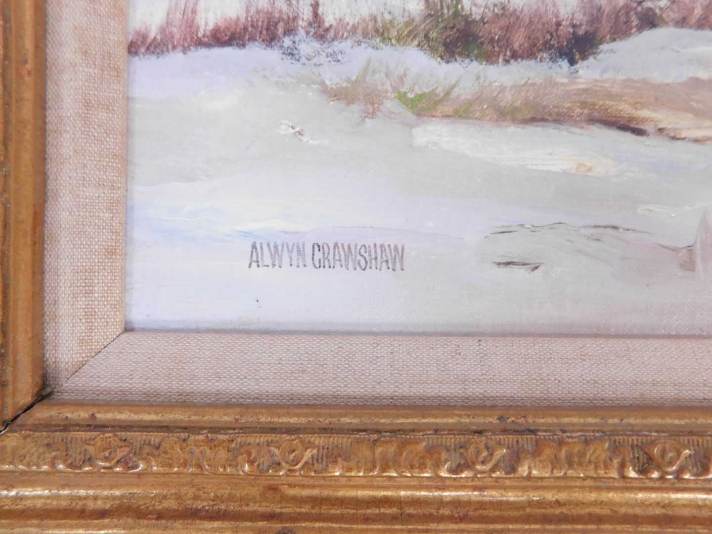Alwyn Crawshaw (20thC School). The Peace of Winter, oil on canvas, 50cm x 100cm, in gilt frame. (AF) - Image 3 of 3