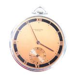 An Orator stainless steel cased Art Deco style pocket watch, with a copper and blackened Roman